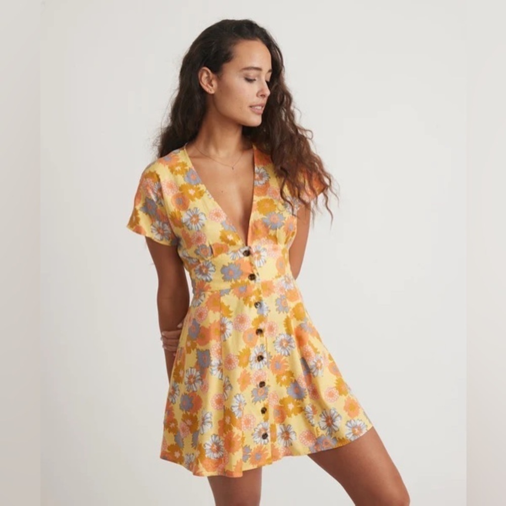 Marine Layer Women’s Camila Mini Dress Vintage Yellow Floral Tie Back Small
